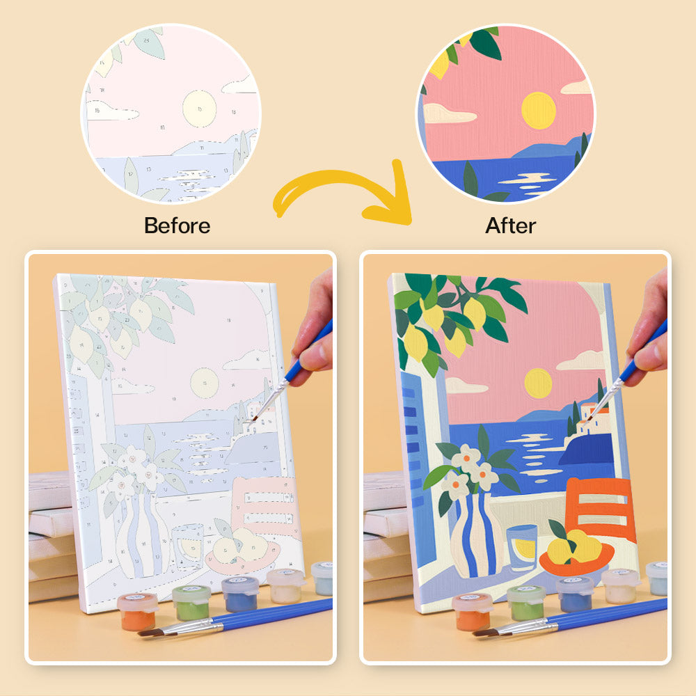 Before and after of a Seaside Terraces mini paint by numbers canvas