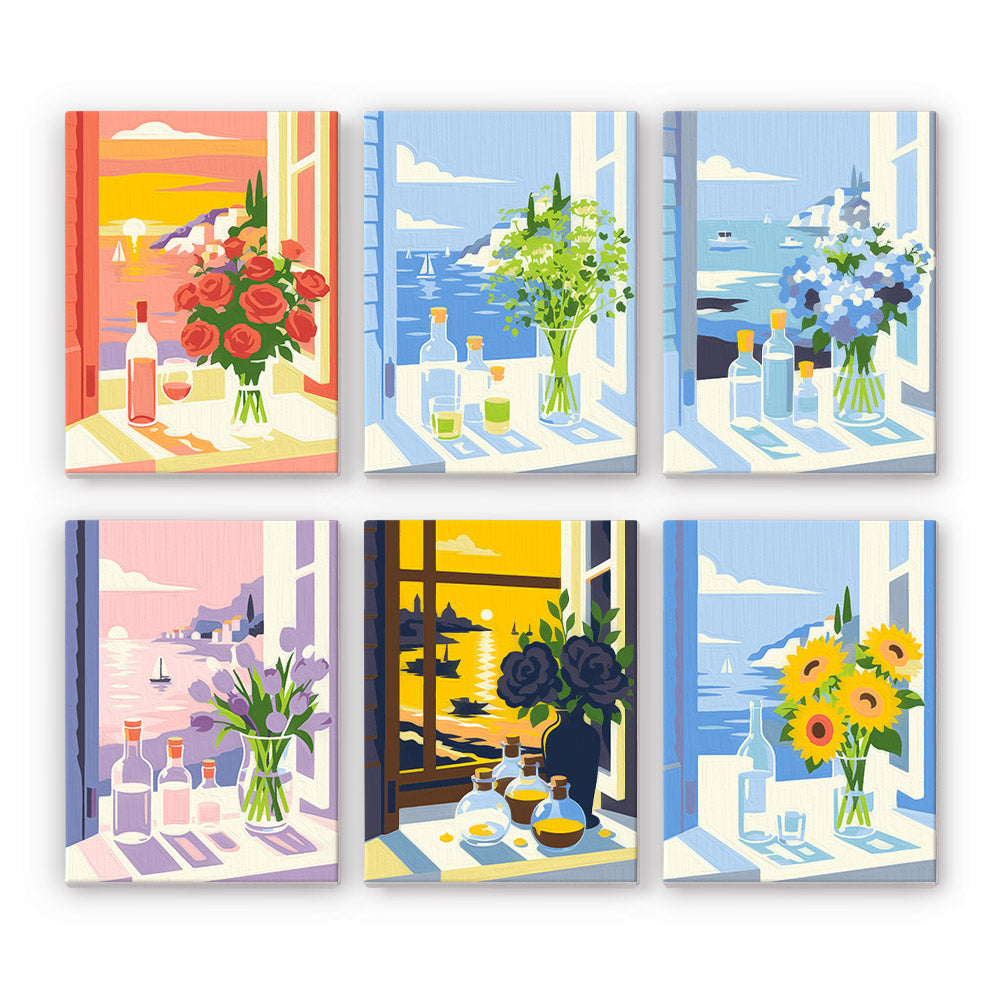 Seaside Window Bouquets mini paint by numbers set: six open windows over the sea with bouquets on the sill
