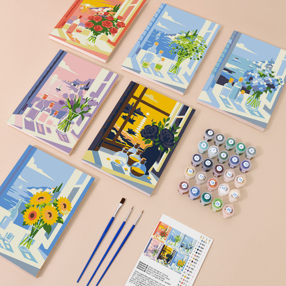 Seaside Window Bouquets mini paint by numbers kit with six numbered canvases, acrylic paints, brushes and layout