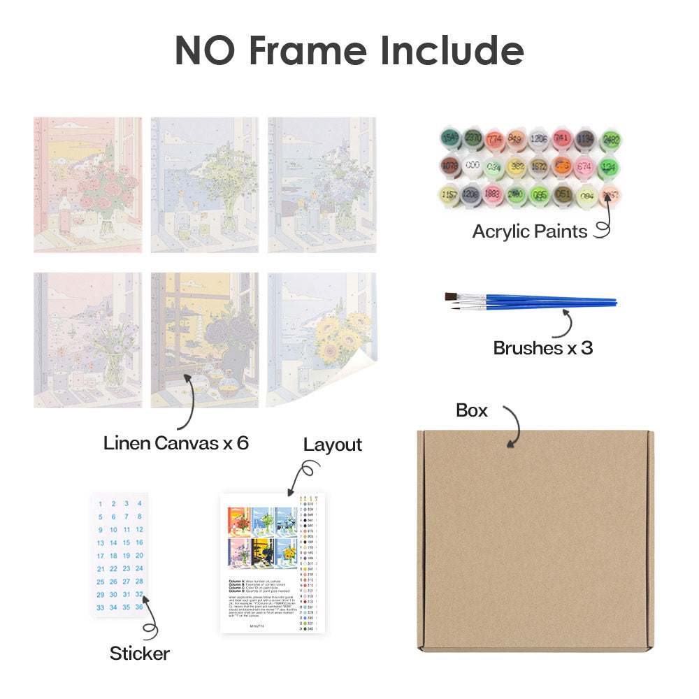 What's included without a frame: six rolled Seaside Window Bouquets mini canvases, acrylic paints, three brushes and layout