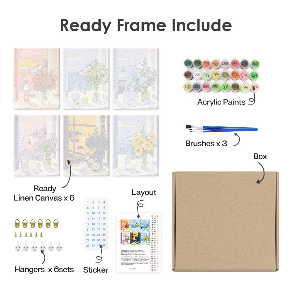 What's included pre-stretched on frame: six framed Seaside Window Bouquets mini canvases, paints, three brushes, hangers and layout