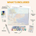 What's included in the Sentinel of the Canyon paint by numbers kit: numbered linen canvas, reference sheet, color guide, 24 acrylic paints, 3 brushes and thank you card