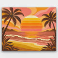 Seventies Sunset paint by numbers kit of a striped retro sunset over the ocean with palm silhouettes in orange, pink and brown