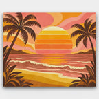 Seventies Sunset paint by numbers kit of a striped retro sunset over the ocean with palm silhouettes in orange, pink and brown