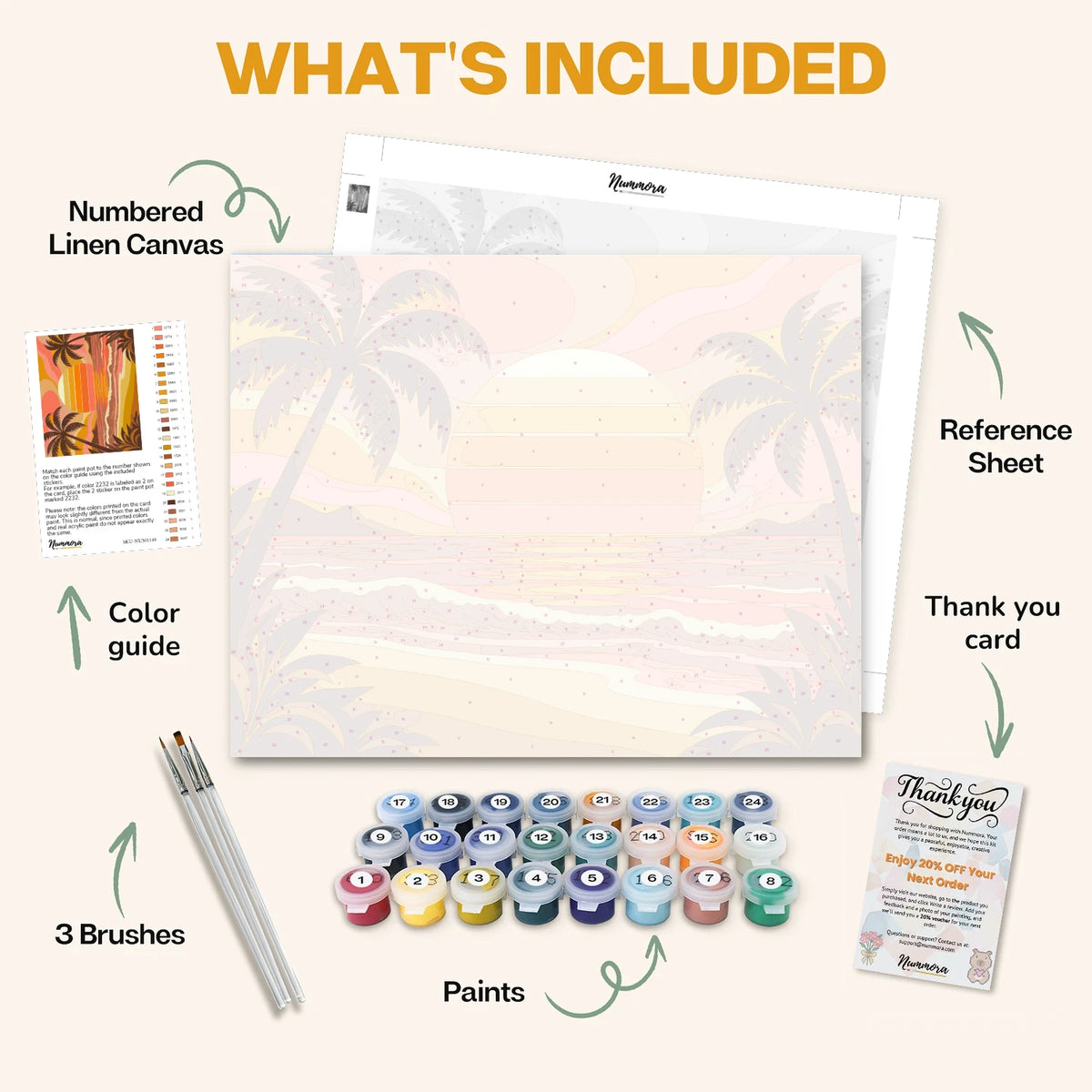 What's included in the Seventies Sunset paint by numbers kit: numbered linen canvas, reference sheet, color guide, 24 acrylic paints, 3 brushes and thank you card