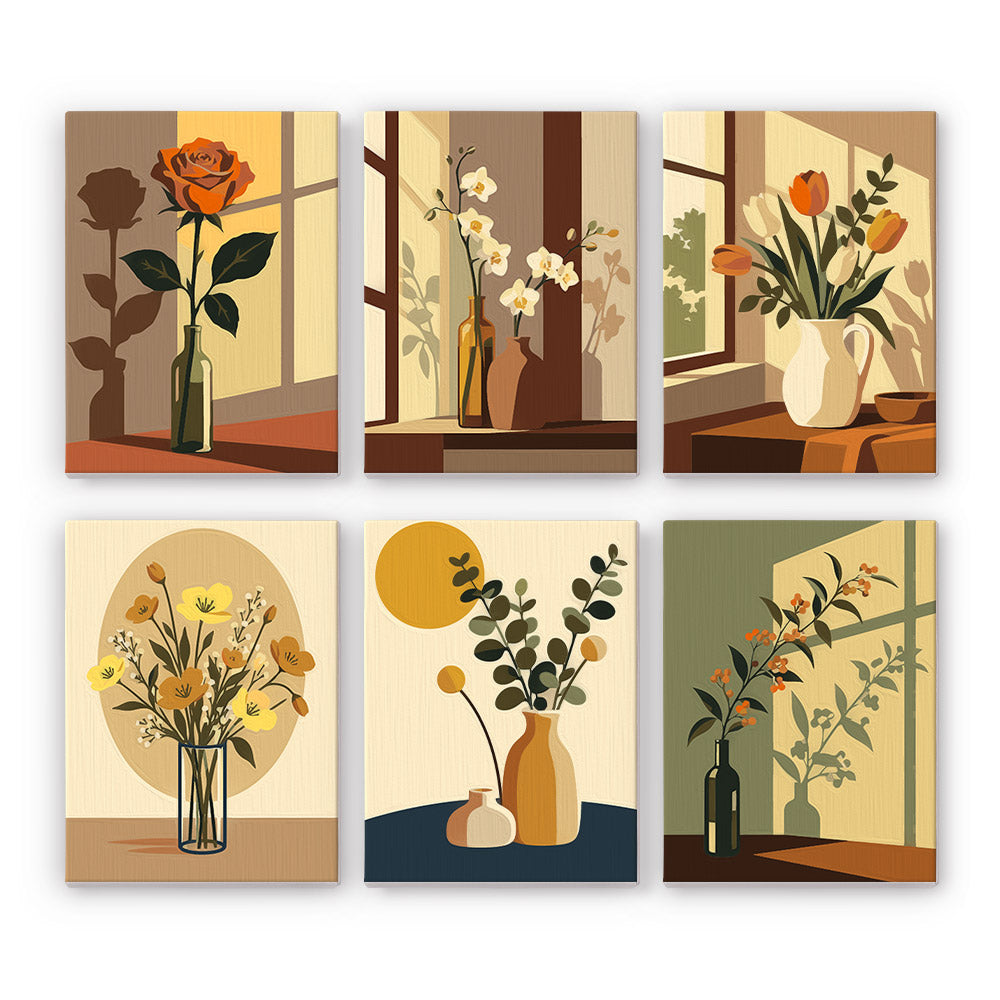 Shadow and Stems mini paint by numbers set: six designs of flowers and stems in vases with warm window shadows