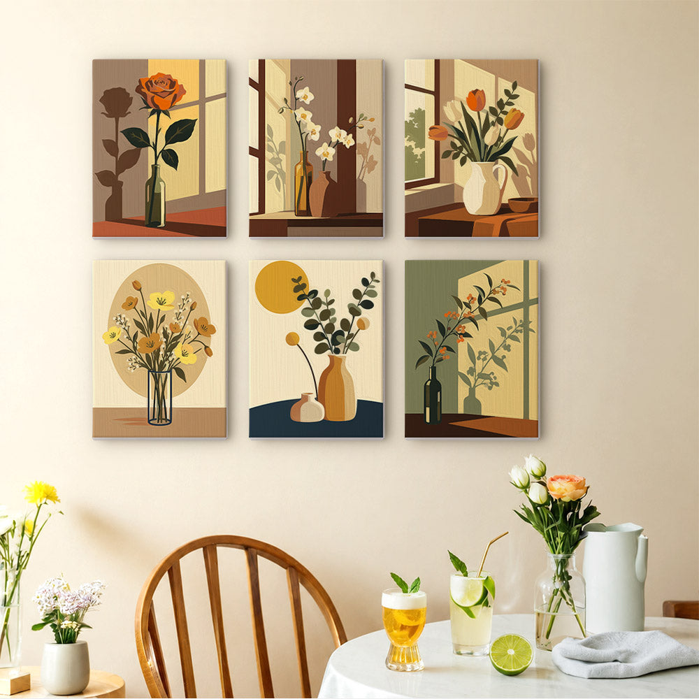 Shadow and Stems mini paintings displayed as a gallery wall in a sunny kitchen