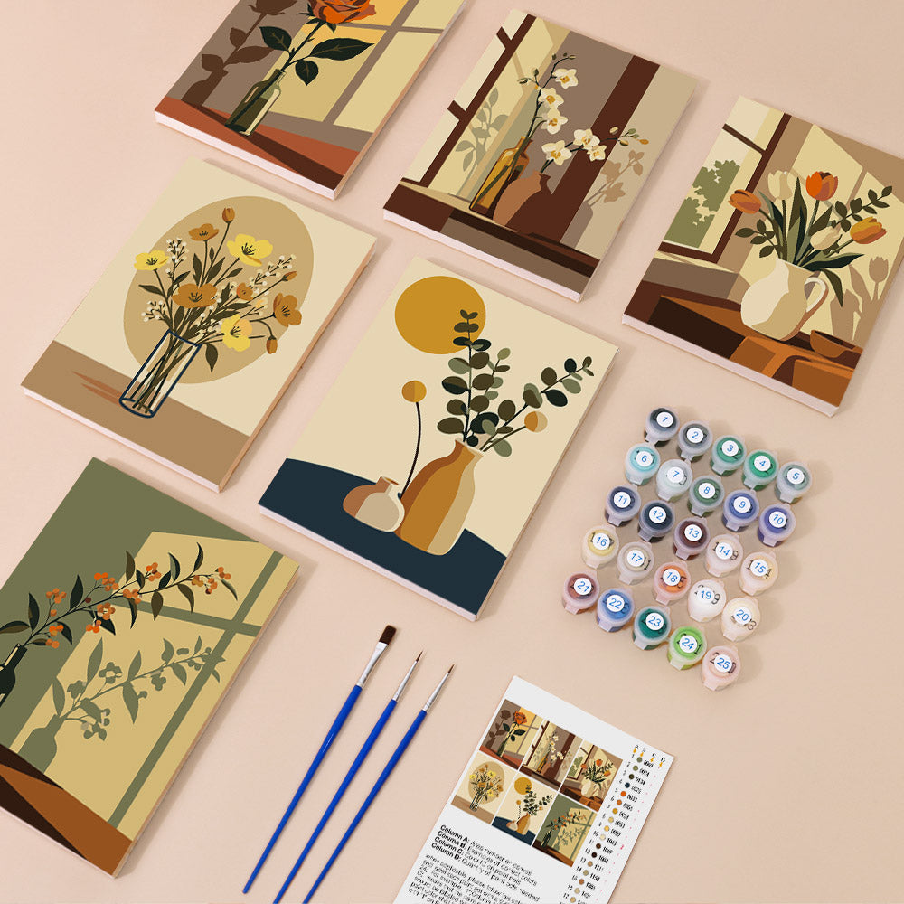 Shadow and Stems mini paint by numbers kit with six numbered canvases, acrylic paints, brushes and layout