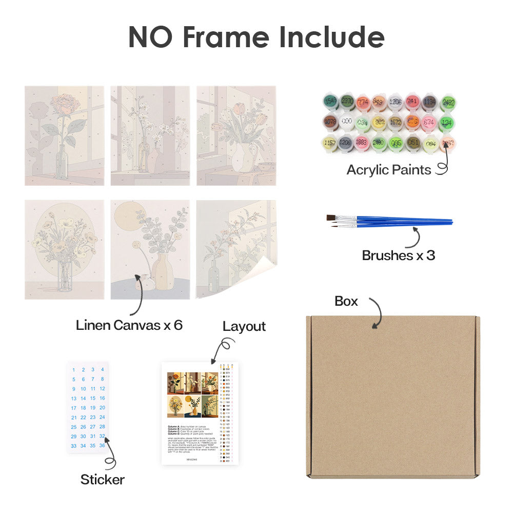 What's included without a frame: six rolled Shadow and Stems mini canvases, acrylic paints, three brushes and layout