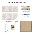 What's included without a frame: six rolled Shadow and Stems mini canvases, acrylic paints, three brushes and layout
