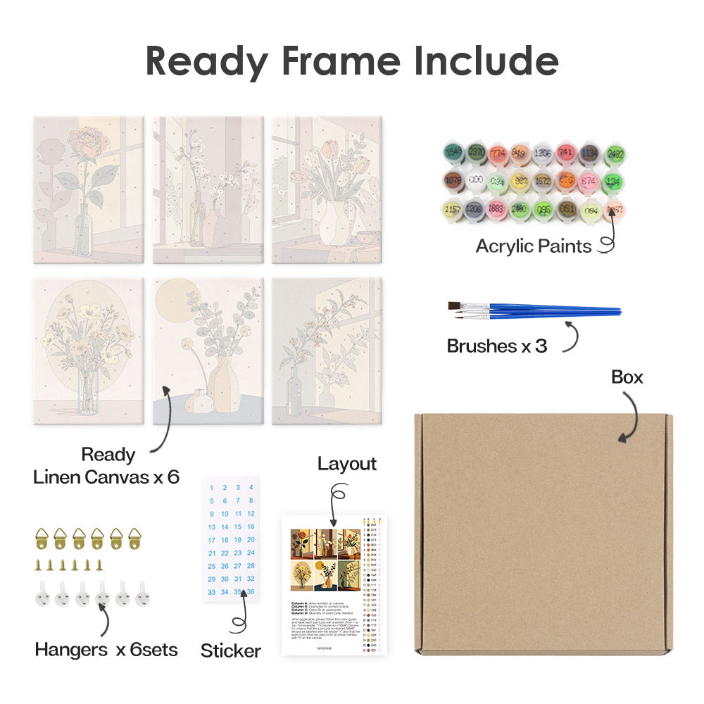 What's included pre-stretched on frame: six framed Shadow and Stems mini canvases, paints, three brushes, hangers and layout