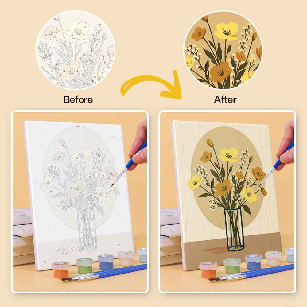 Before and after of a Shadow and Stems mini paint by numbers canvas