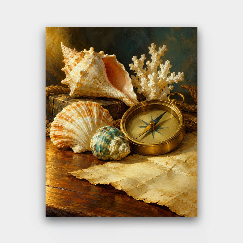 Shells and Compass paint by numbers kit of seashells, white coral and a brass compass on an old blank map on dark wood