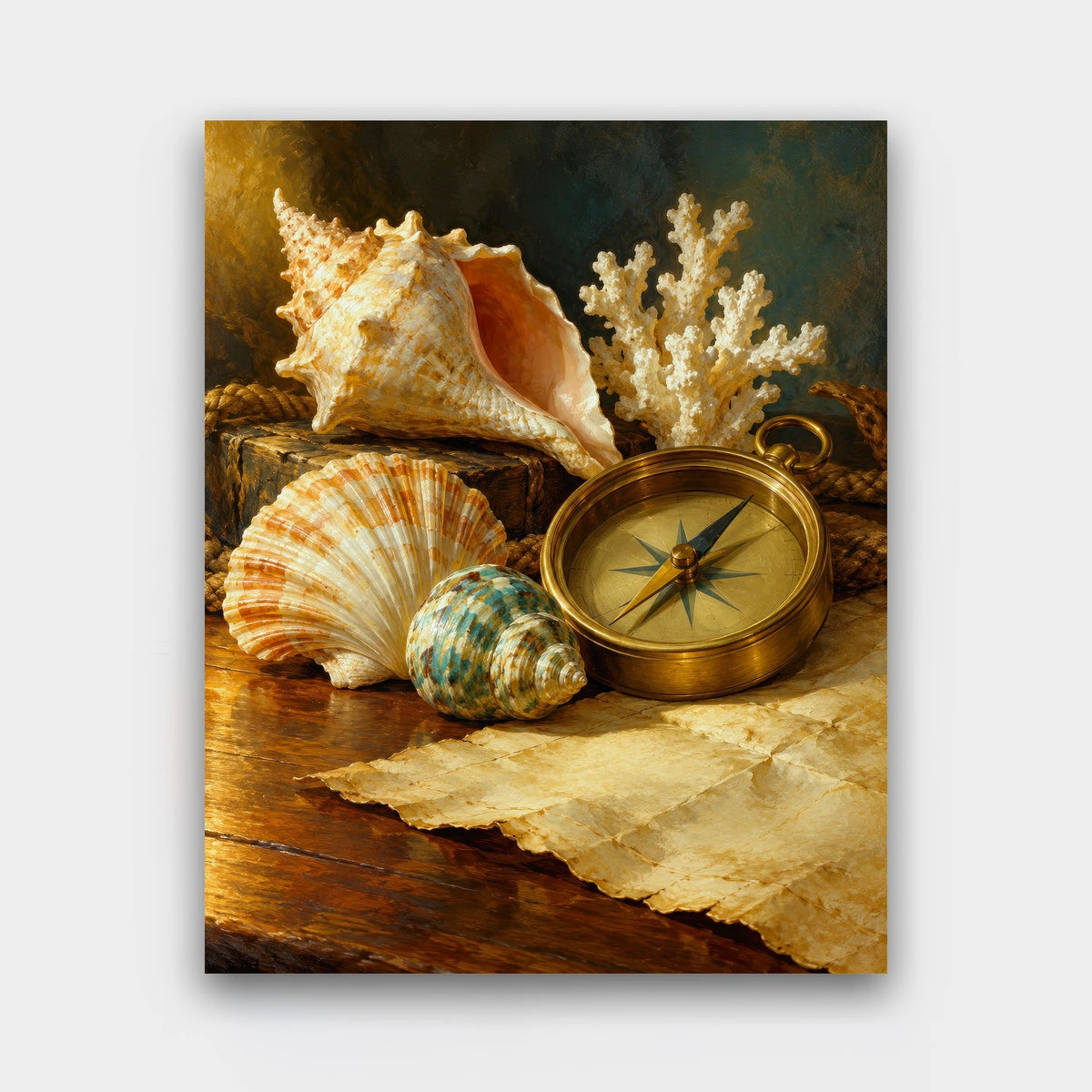 Shells and Compass paint by numbers kit of seashells, white coral and a brass compass on an old blank map on dark wood