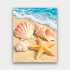 Shells at the Shoreline paint by numbers kit of large seashells and an orange starfish on wet sand by a line of sea foam