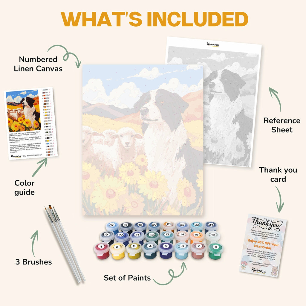 What's included in the Shepherd of the Sunflowers paint by numbers kit: numbered linen canvas, reference sheet, color guide, 24 acrylic paints, 3 brushes and thank you card