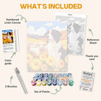 What's included in the Shepherd of the Sunflowers paint by numbers kit: numbered linen canvas, reference sheet, color guide, 24 acrylic paints, 3 brushes and thank you card