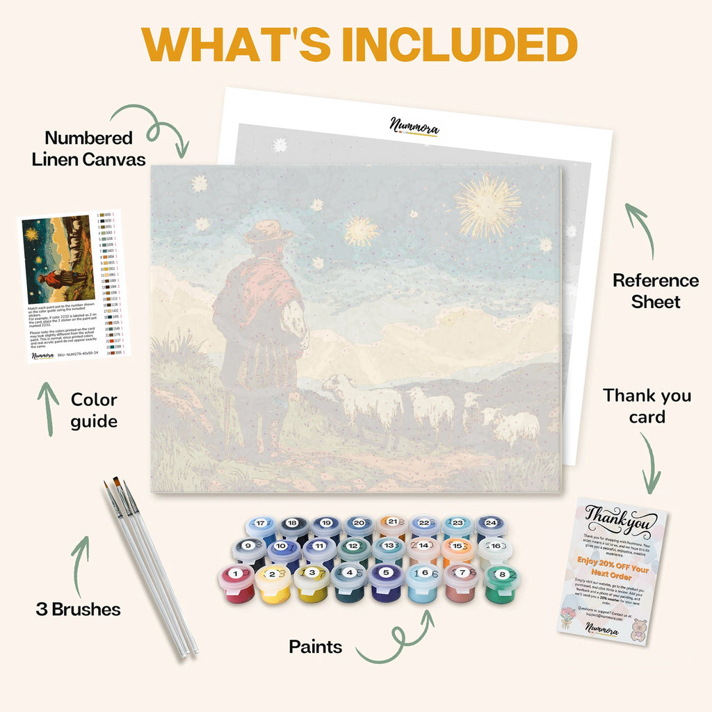 What's included in the Shepherd’s Revelation paint by numbers kit: numbered linen canvas, reference sheet, color guide, 24 acrylic paints, 3 brushes and thank you card