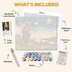 What's included in the Shepherd’s Revelation paint by numbers kit: numbered linen canvas, reference sheet, color guide, 24 acrylic paints, 3 brushes and thank you card