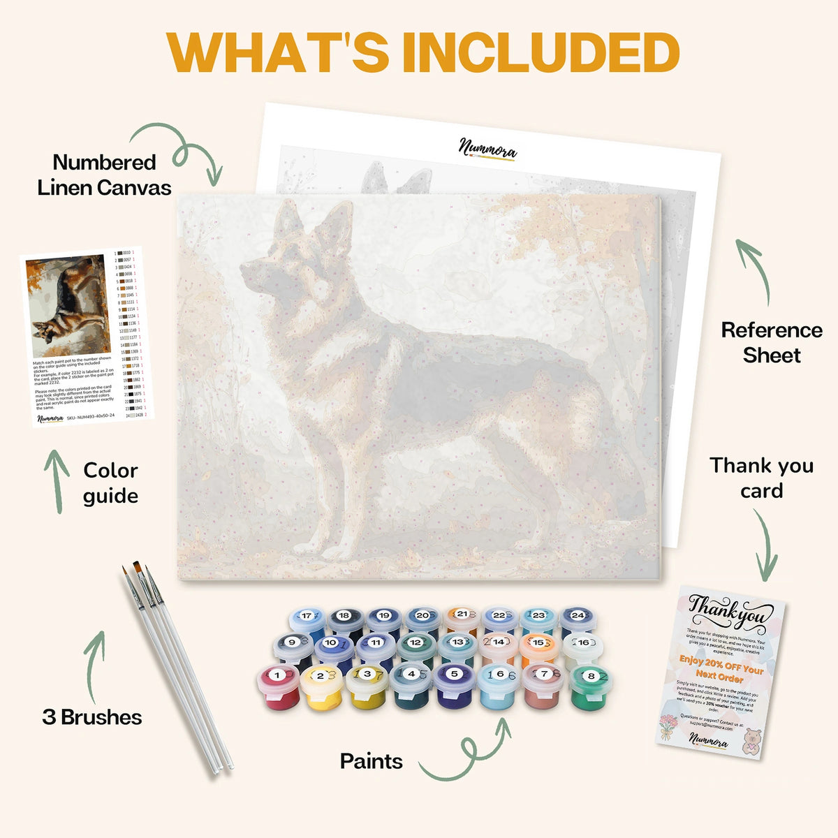 What's included in the Shepherd’s Vigil paint by numbers kit: numbered linen canvas, reference sheet, color guide, 24 acrylic paints, 3 brushes and thank you card
