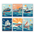Ships and Sails mini paint by numbers set: six boats on blue waves, including a cargo ship, ferry, tugboat, tall ship, speedboat and sailboat