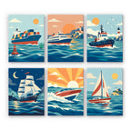Ships and Sails mini paint by numbers set: six boats on blue waves, including a cargo ship, ferry, tugboat, tall ship, speedboat and sailboat