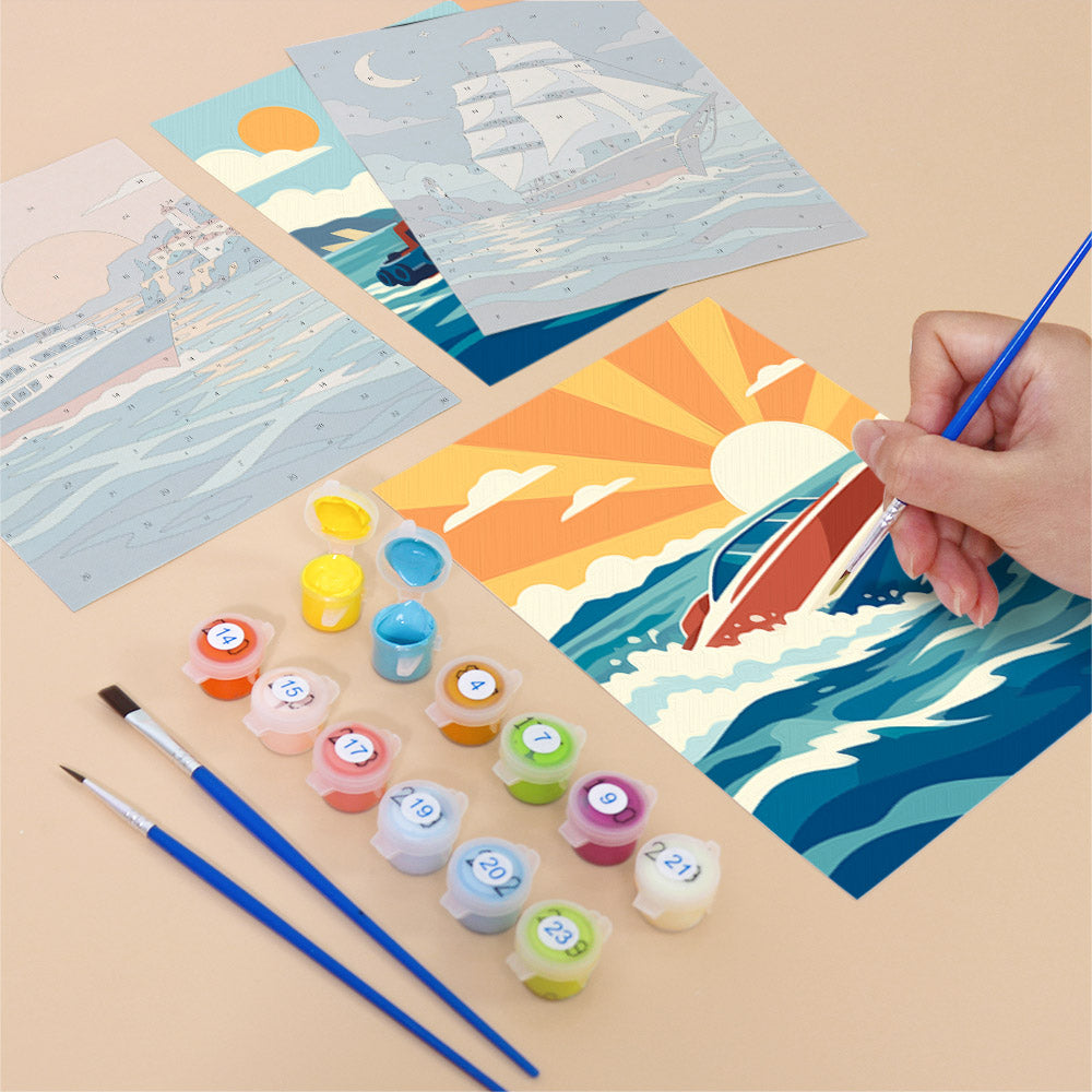 Filling in a Ships and Sails mini canvas with numbered acrylic paints and a fine brush