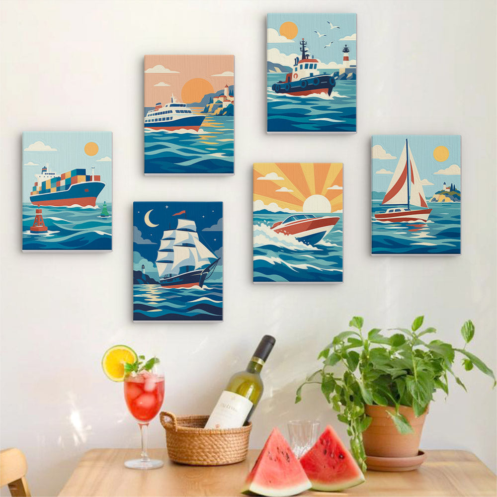Six finished Ships and Sails mini paintings hung on a wall above a table