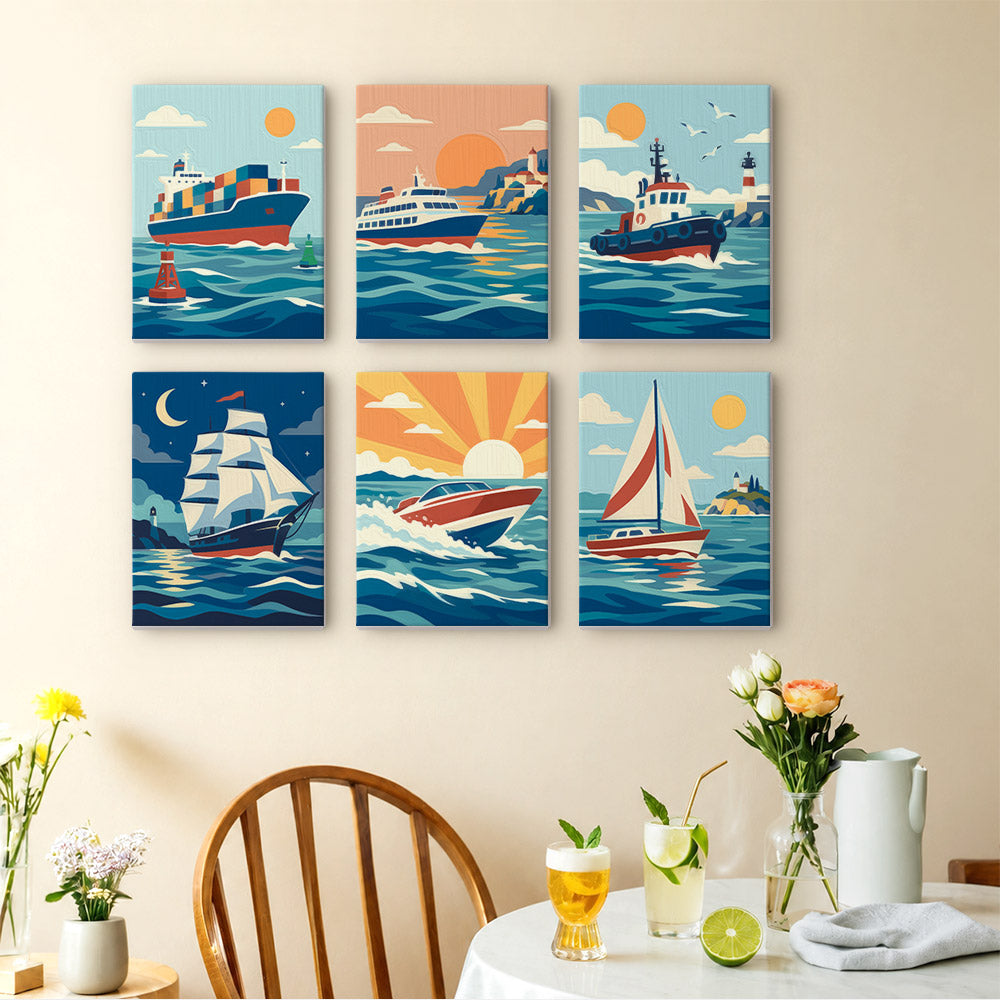 Ships and Sails mini paintings displayed as a gallery wall in a sunny kitchen