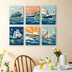Ships and Sails mini paintings displayed as a gallery wall in a sunny kitchen