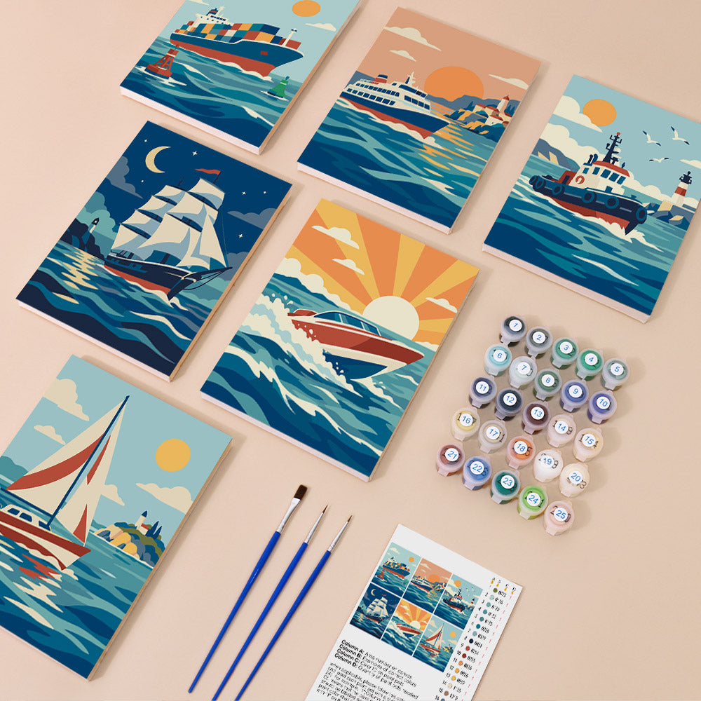 Ships and Sails mini paint by numbers kit with six numbered canvases, acrylic paints, brushes and layout