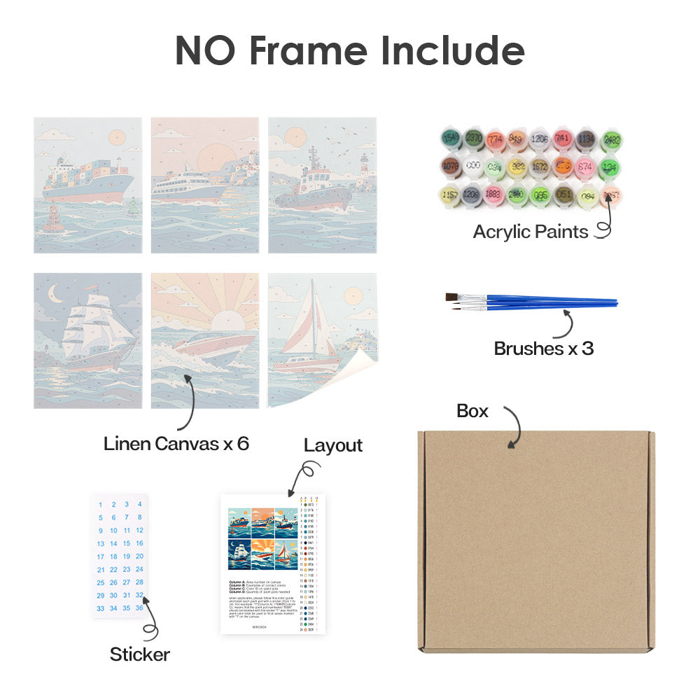 What's included without a frame: six rolled Ships and Sails mini canvases, acrylic paints, three brushes and layout