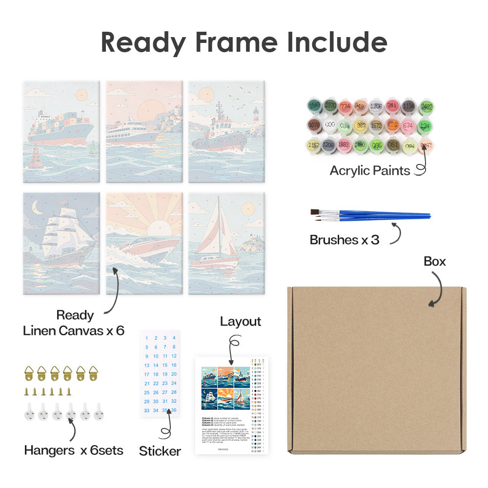 What's included pre-stretched on frame: six framed Ships and Sails mini canvases, paints, three brushes, hangers and layout