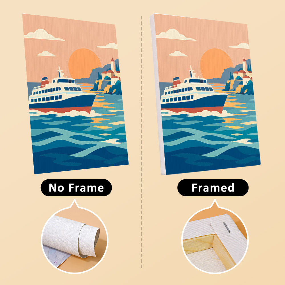 Ships and Sails mini canvas shown rolled without a frame and pre-stretched on a frame