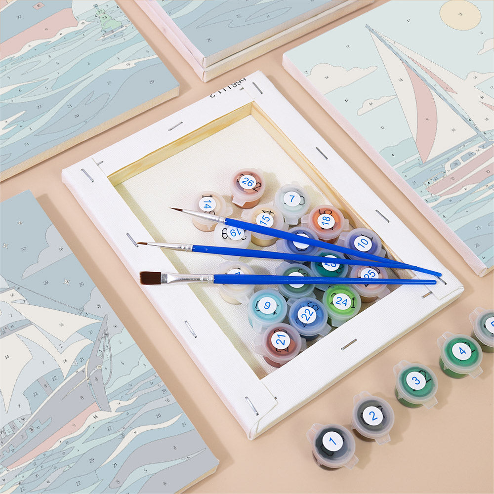 Numbered paint pots and brushes on a pre-stretched Ships and Sails mini canvas