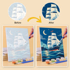 Before and after of a Ships and Sails mini paint by numbers canvas