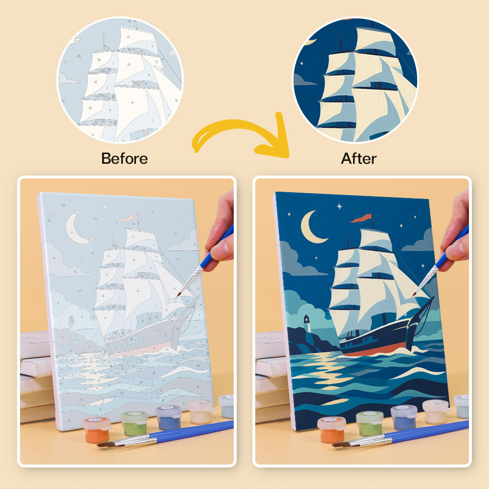 Before and after of a Ships and Sails mini paint by numbers canvas