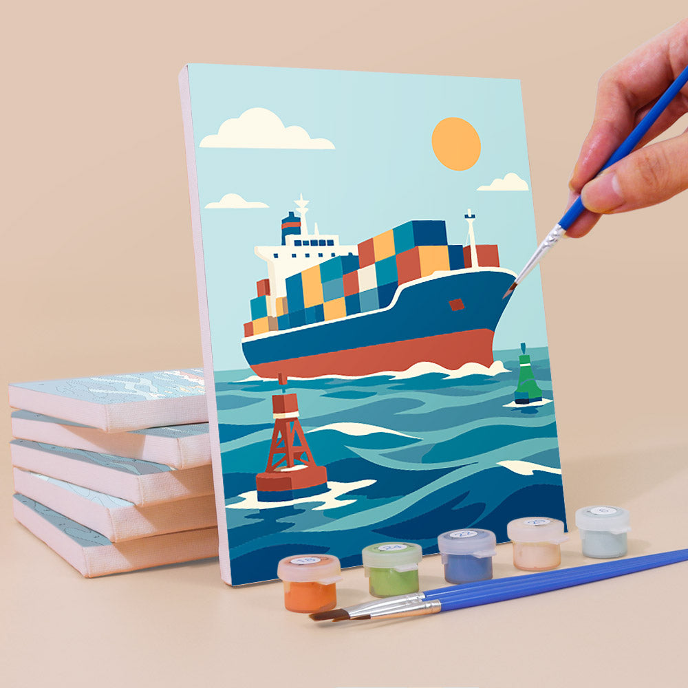 Painting a Ships and Sails mini canvas propped up beside numbered acrylic paints