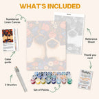 What's included in the Siamese Twin paint by numbers kit: numbered linen canvas, reference sheet, color guide, 24 acrylic paints, 3 brushes and thank you card
