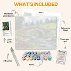 What's included in the Silent Bridge paint by numbers kit: numbered linen canvas, reference sheet, color guide, 24 acrylic paints, 3 brushes and thank you card