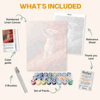 What's included in the Silent Guardian of the Sakura paint by numbers kit: numbered linen canvas, reference sheet, color guide, 24 acrylic paints, 3 brushes and thank you card