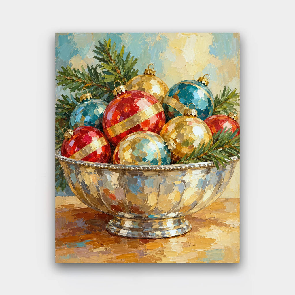 Silver Bowl of Baubles paint by numbers kit of vintage red, gold and teal glass ornaments in a silver bowl with pine sprigs