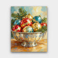 Silver Bowl of Baubles paint by numbers kit of vintage red, gold and teal glass ornaments in a silver bowl with pine sprigs