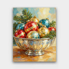 Silver Bowl of Baubles paint by numbers kit of vintage red, gold and teal glass ornaments in a silver bowl with pine sprigs