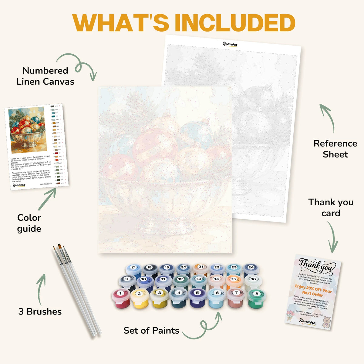 What's included in the Silver Bowl of Baubles paint by numbers kit: numbered linen canvas, reference sheet, color guide, 24 acrylic paints, 3 brushes and thank you card