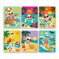 Skeleton Beach Holiday mini paint by numbers set: six sunny beach scenes of skeletons lounging, floating, sunbathing, lifeguarding, building sandcastles and surfing