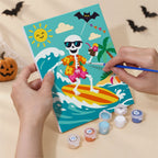 Numbered paint pots and brushes on a pre-stretched Skeleton Beach Holiday mini canvas