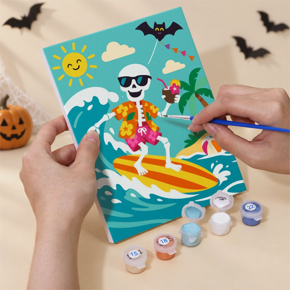 Numbered paint pots and brushes on a pre-stretched Skeleton Beach Holiday mini canvas
