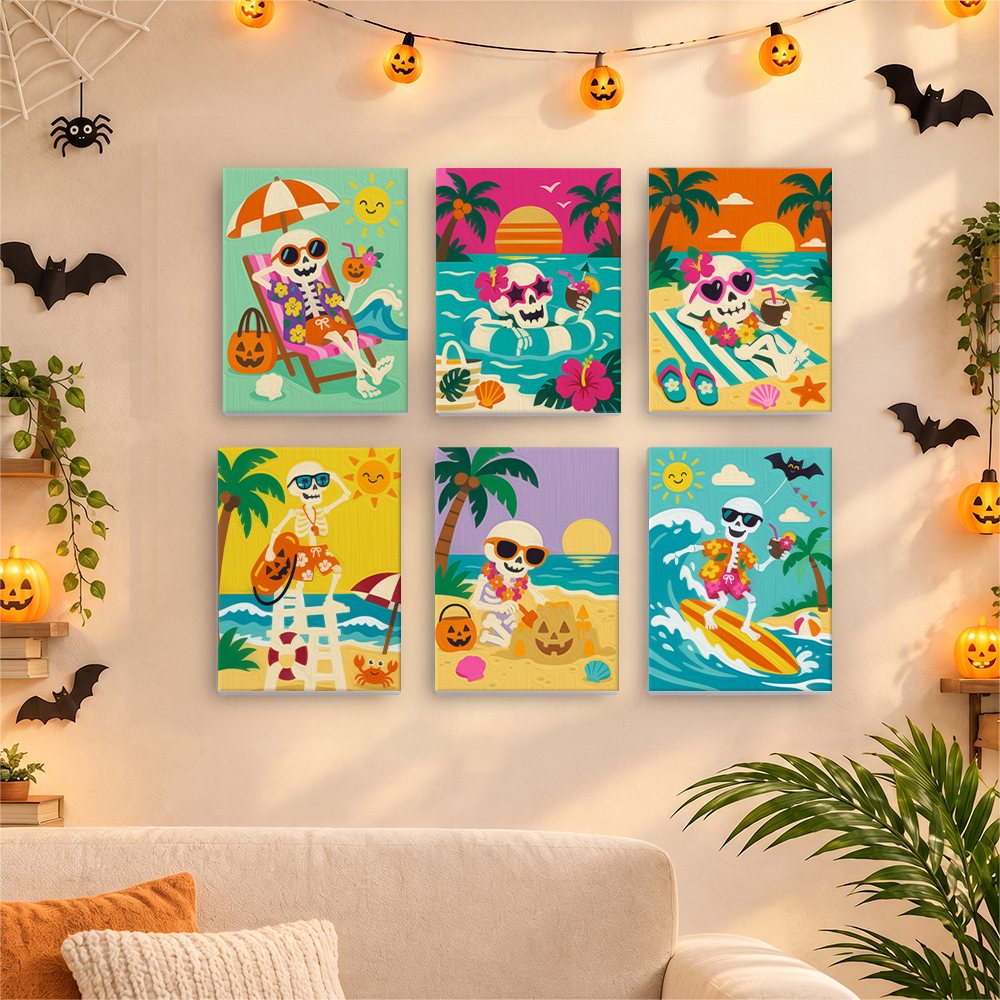 Before and after of a Skeleton Beach Holiday mini paint by numbers canvas