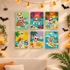 Before and after of a Skeleton Beach Holiday mini paint by numbers canvas
